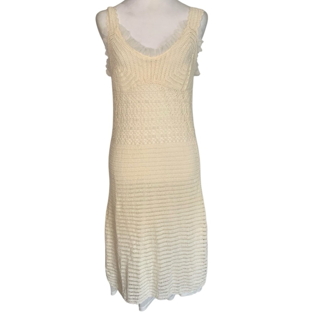 Pierre New York XL Cream Knit Crochet Chiffon Trim Feminine Sleeveless Dress